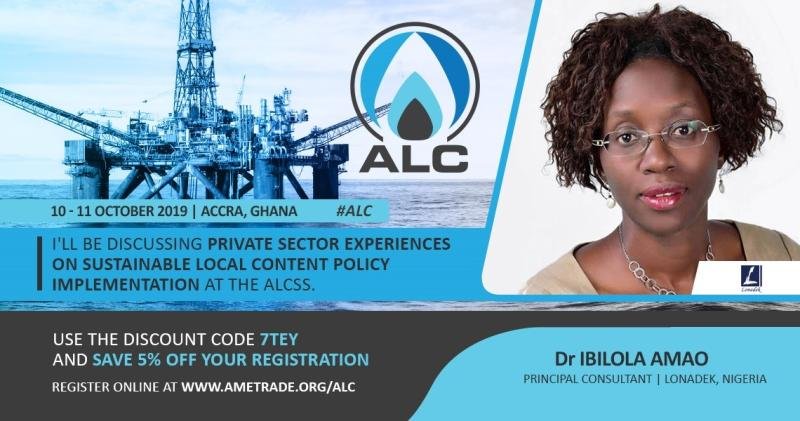 LonadekInc's tweet photo. It's happening Today! 💃 Our Principal Consultant @Ibilola_Amao will be speaking at #ALCSS 2019 in Accra, Ghana. She will be moderating a Session on: “Private Sector Experiences On Sustainable Local Content Policy Implementation: Inspiring Stories From Local Enterprises.”
1/2. https://t.co/GgsjVSdCz0