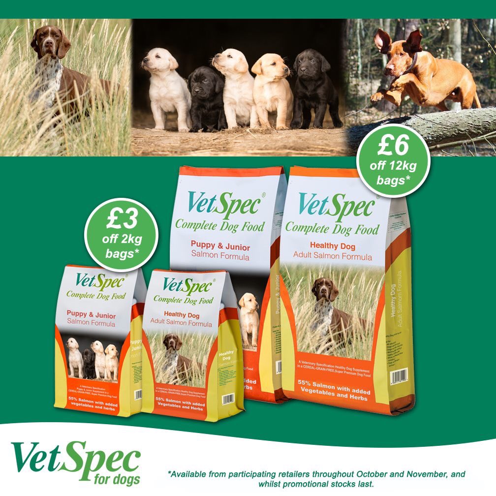 VetSpec's tweet photo. Β£3 off 2kg and Β£6 off 12kg bags of VetSpec Puppy & Junior Salmon Formula and VetSpec Healthy Dog Adult Salmon Formula.
*Available from participating retailers throughout October and November, and whilst promotional stocks last.
https://t.co/kmBRczSpZ1
πππ
#VetSpecForDogs https://t.co/SDQuWbMBJL