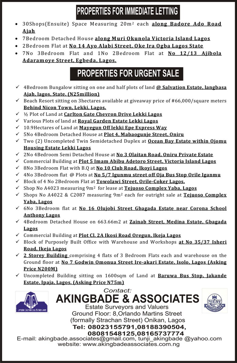 akingbadeassoc1's tweet photo. @propgoluxury @NGPropertyCntr @PropertyDealZon @next2properties @proshare @habadek @proshare @NIESVlagos @Iamyemzee @Success40282805 https://t.co/rr4ryJh1Pm