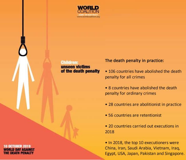 hurilaws's tweet photo. On 10 October 2019, the 17th World Day Against the Death Penalty aims at raising awareness on the rights of children whose parents have been sentenced to death or executed.
@WCADP @AFD_en @ledapnigeria #FIACT #HumanRights #nodeathpenalty https://t.co/ZBsjC4JfR3