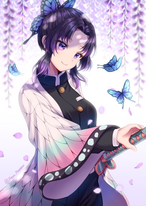 MewさんがTwitterに投稿した胡蝶しのぶ(鬼滅の刃)のイラスト。