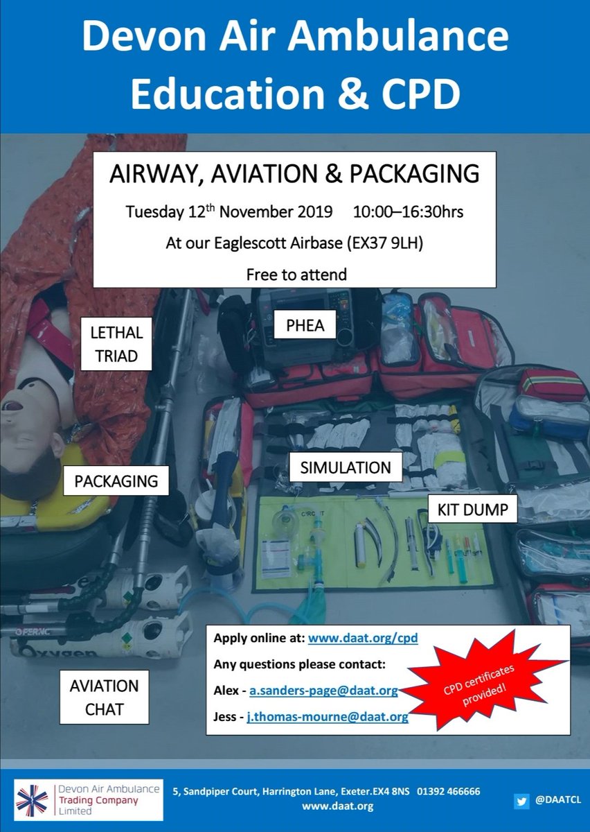 📢  We are VERY excited to announce our next FREE CPD EVENT! 

"Airway, Aviation &amp; Packaging"

See poster for details!

We look forward to seeing you there... 🚁🚑 

Please retweet! <a href="/DevonAirAmb/">Devon Air Ambulance</a> <a href="/swasFT/">South Western Ambulance Service</a> <a href="/swastcpdcouk/">swastcpdcouk</a> @SWASFTHART
<a href="/BASICSdevon/">BASICS Devon</a> @BASICS_Cornwall <a href="/CritCarePU/">CriticalCare PlymUni</a> <a href="/Pen_PHEM/">PenPHEM</a>