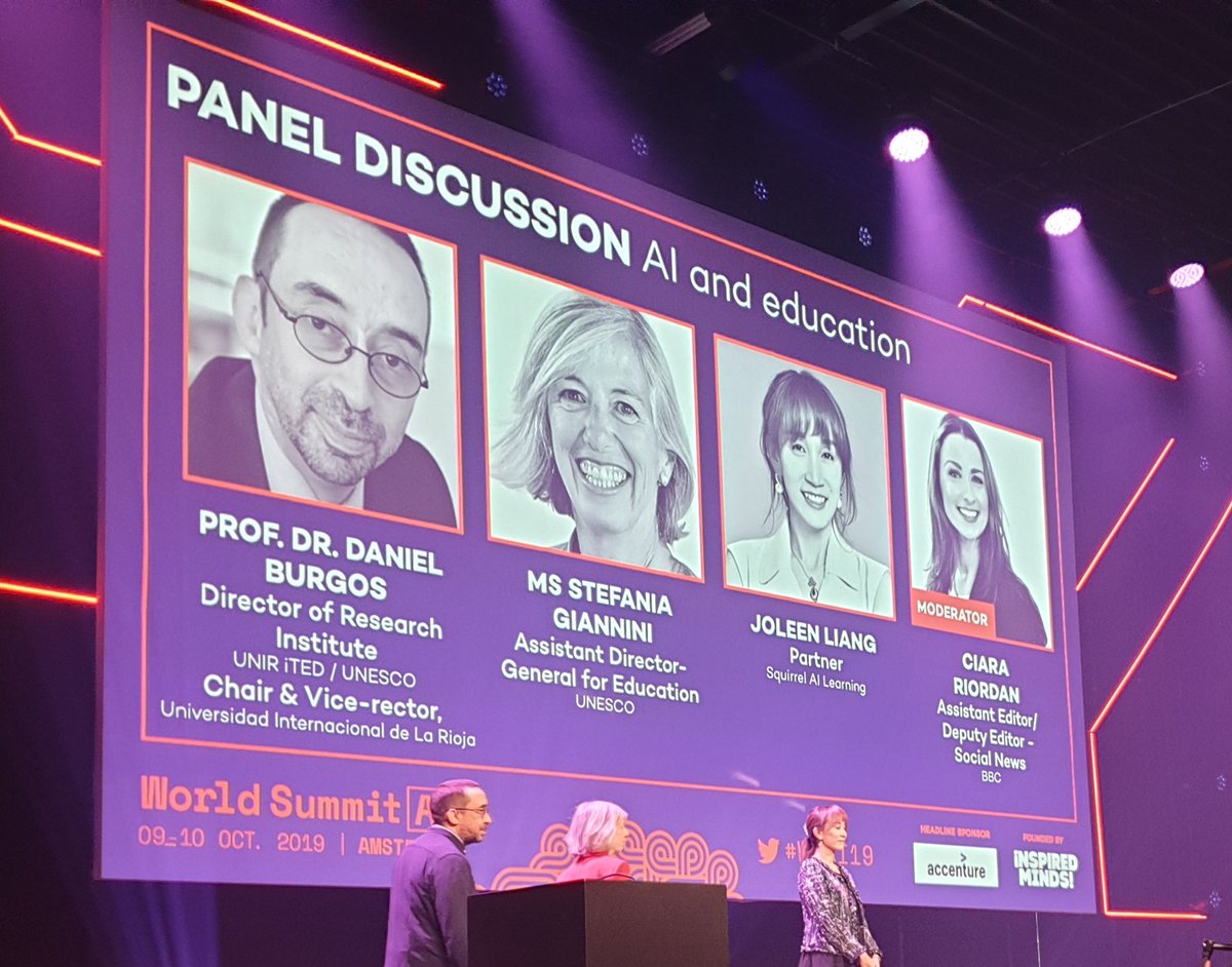 KoprowskaM's tweet photo. "Human teacher will use AI platform to teach students together" @Joleen_Liang
Inspiring discussion tackling AI-personalized learning and challenges with initiative financing, equal chances and shortage of teachers which stay crucial for effective learning.#wsai19 @WorldSummitAI https://t.co/DHQEt2Mqjt
