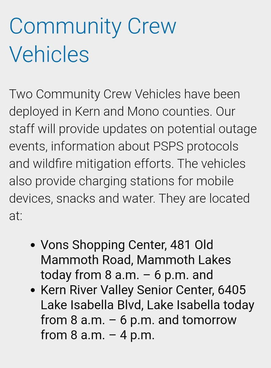 9/ #California Thread

🚩 #SoCal #SDGE Community Resource Centers (list/map) & Information Centers🔗 sdge.com/wildfire-safet…

🚩 #SoCalEdison Community Resource Vehicles have been deployed to #KernCounty & #MonoCounty #INFO here🔗 scemaintenance.com/content/sce-ma…

#poweroutage #DAT #CAwx