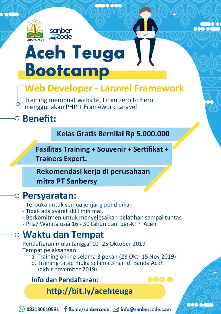 ISanbercode's tweet image. Materi yang didapatkan selama Bootcamp: HTML, CSS, Bootstrap, JavaScript, jQuery, PHP, MySQL, Laravel. PENDAFTARAN ACEH TEUGA BOOTCAMP dibuka mulai tanggal 10 Oktober sampai tanggal 25 Oktober 2019
#belajarprogramming #trainingaceh @Dispora_Aceh