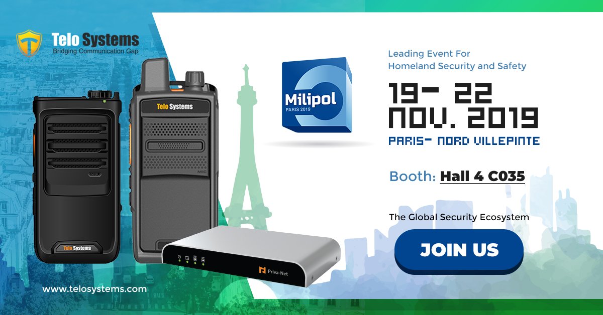 TeloSystems's tweet photo. Telo will present our latest devices &amp; solutions at Milipol Paris Hall 4 C035. Let’s see what the show of ‘The Global Security Ecosystem’ will bring to us on November 19-22! https://t.co/2pQc7GlglO
#security #pushtotalk #LTECAM #solutions #PTT #broadband #connectivity https://t.co/g8ZLeAfm9B