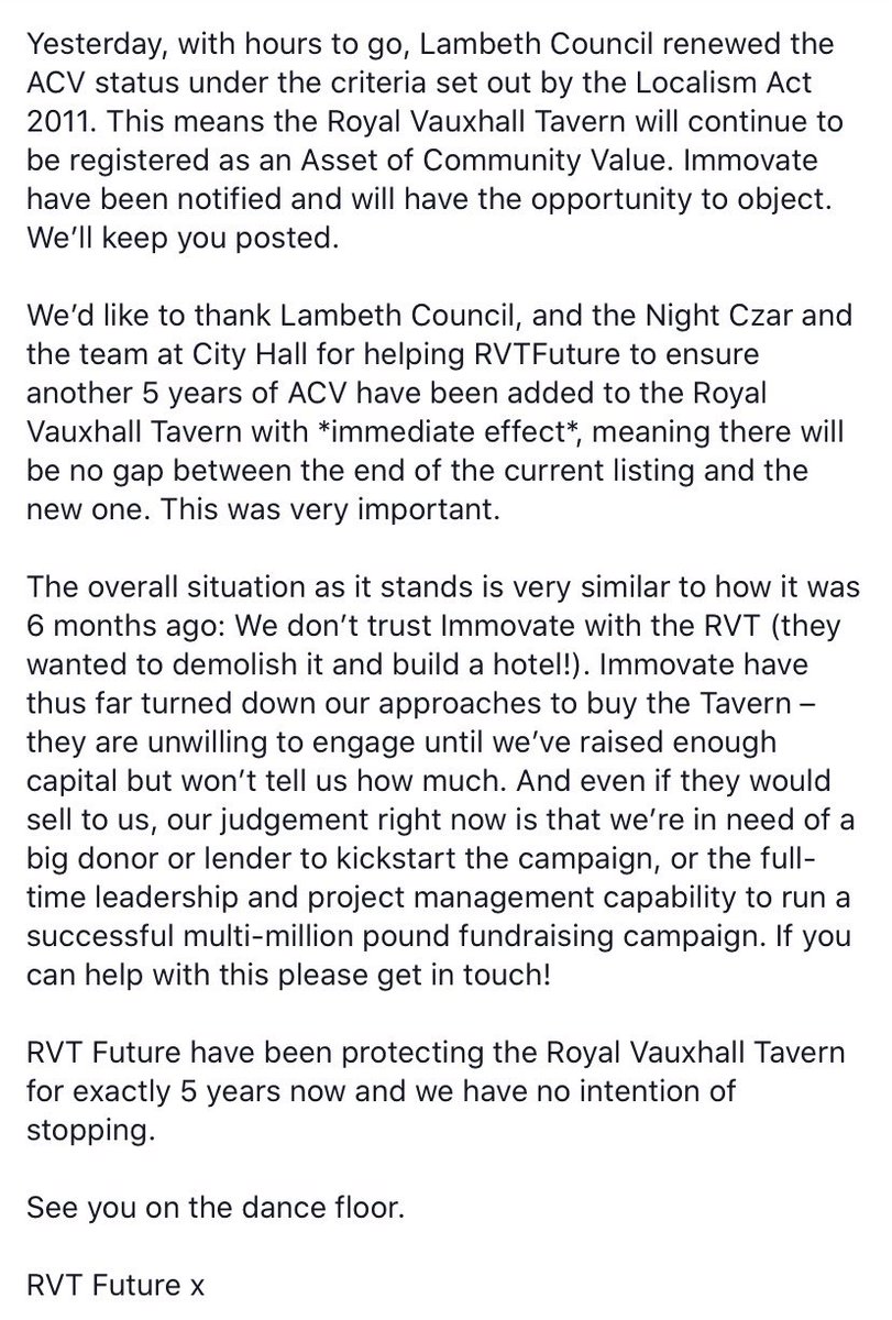 RVT Future (@rvtfuture) on Twitter photo π¨ Update: Lambeth Council designates the RVT an Asset of Community Value for another 5 years π¨
Huge thanks to @NightCzar and team at City Hall, and to <a href="/lambeth_council/">Lambeth Council</a>
Itβs more complicated than RVT suddenly being βsavedβ but this does provide extra long term protections. π¨ Update: Lambeth Council designates the RVT an Asset of Community Value for another 5 years π¨
Huge thanks to @NightCzar and team at City Hall, and to <a href="/lambeth_council/">Lambeth Council</a>
Itβs more complicated than RVT suddenly being βsavedβ but this does provide extra long term protections.