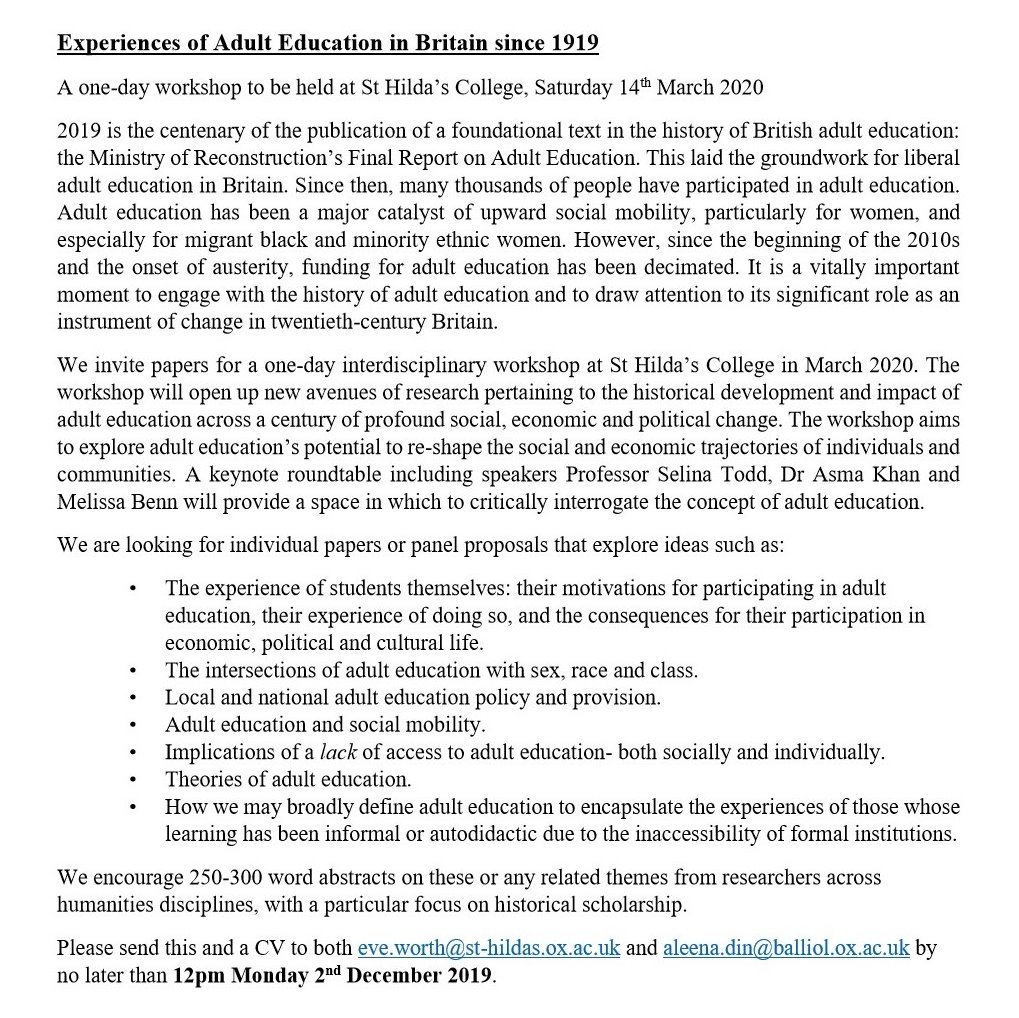 OHGN (@oxhistorygrads) on Twitter photo #CFP for a one-day workshop at St Hilda´s College #Oxford on "Experiences of Adult Education in Britain since 1919" (Saturday 14th March 2020). Proposals should be sent together with a CV by 12pm Monday 2nd December 2019. For more info, see below. #callforpapers <a href="/hilda_beastoxf/">St Hilda's College</a> #CFP for a one-day workshop at St Hilda´s College #Oxford on "Experiences of Adult Education in Britain since 1919" (Saturday 14th March 2020). Proposals should be sent together with a CV by 12pm Monday 2nd December 2019. For more info, see below. #callforpapers <a href="/hilda_beastoxf/">St Hilda's College</a>