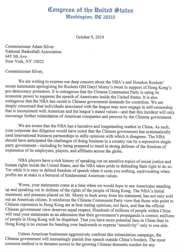 Stand_with_HK's tweet photo. 👏"You have more power to take a stand than most of the Chinese government's targets and should have the courage and integrity to use it." 

– Letter to @NBA from @Malinowski @SenSasse @chairmang @RonWyden @AOC @TomCottonAR @RepJimBanks @tedcruz 

#StandwithHK #HKHRDA https://t.co/G9EAd459CP