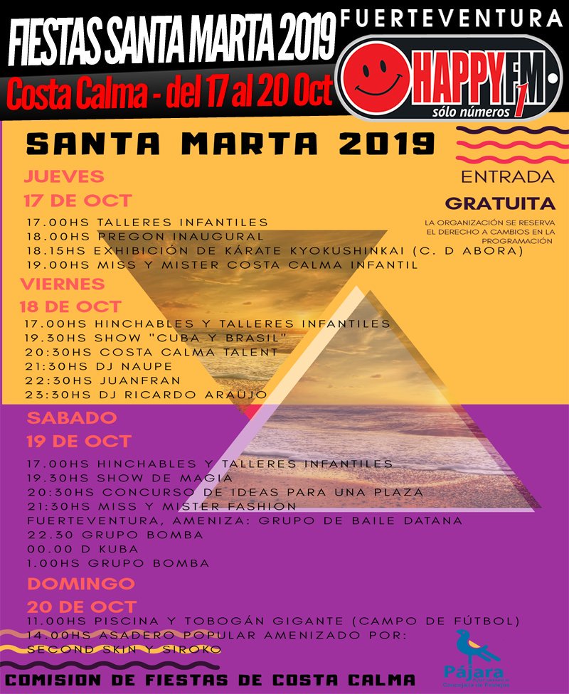 Happyfmftv's tweet photo. Programa de fiestas en honor a Santa Marta 2019 en Costa Calma: del 17 al 20 de Octubre
.
.
#happyfmfuerteventura #programadefiestas #santamarta #costacalma #pájara #fuerteventura 
https://t.co/YqjLkZZ8Qu https://t.co/xlua662VHv