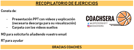 🏀RECOPILACIÓN EJERCICIOS🏀

Por motivo de llevar un año compartiendo vídeos, he realizado una recopilación de los mismos para compartirla.

Pídeme la recopilación por MD, incluyendo tu email para poder compartirte el enlace.

Un RT ayudaría para compartir con más entrenadores.