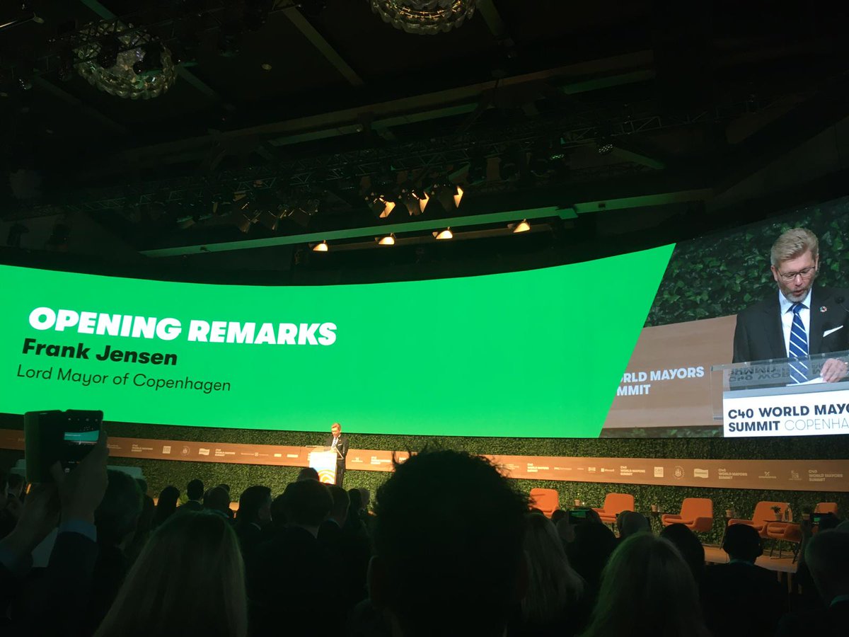 JuliesBicycle's tweet photo. “The future we want is possible... Copenhagen’s ambition is first carbon neutral capital city by 2025” Frank Jensen, Lord Mayor of Copenhagen at the @c40cities World Mayor Summit just now - #TheFutureWeWant #CreativeClimateCities #ClimateEmergency https://t.co/okh6go18Wi