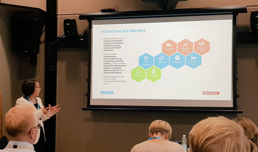 IlvonenA's tweet photo. Materiaalikatselmuksilla kustannustehokkuutta - Ying Zhu avaa materiaalitehokkuuuden, kiertotalouden ja liiketoiminnan synergioita @ramboll_fi #bisckuopio Kestävä Kehitys -seminaarissa. #kiertotalous #kestäväkehitys #materiaalitehokkuus #materiaalikatselmus #synergia https://t.co/XJYx84mR3W