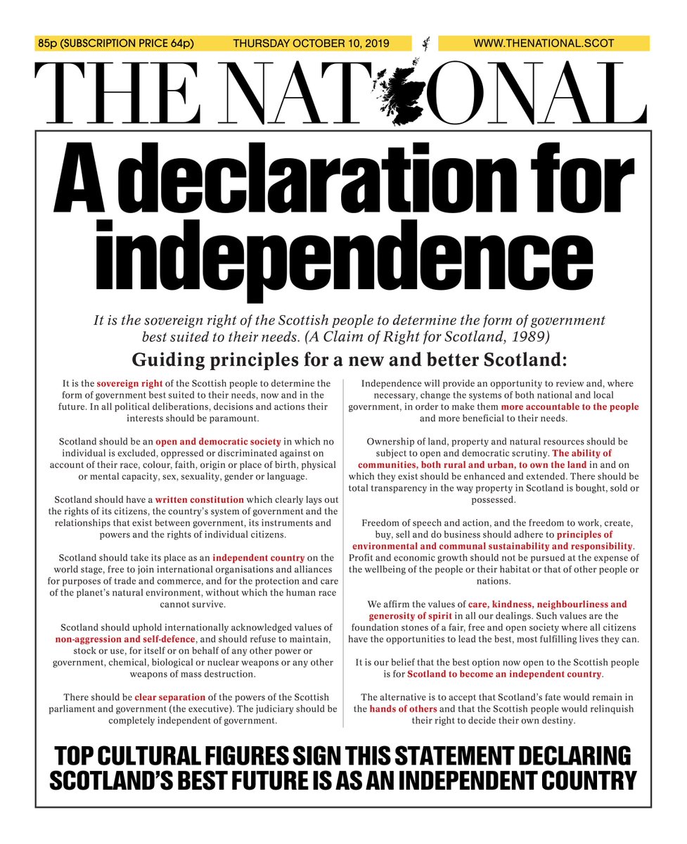 🏴󠁧󠁢󠁳󠁣󠁴󠁿 A group of major Scottish cultural figures have put their names to a Declaration For Independence.

📣 It states: “It is our belief that the best option now open to the Scottish people is for Scotland to become an independent country.”

📄 Read more: thenational.scot/news/17958006.…