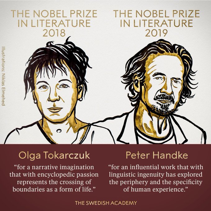 CBCAlerts's tweet photo. BREAKING: The Nobel committee has awarded the 2019 Prize in Literature to Austrian author Peter Handke. The 2018 Prize in Literature, announced at the same time, goes to Polish author Olga Tokarczuk. https://t.co/qZZynP846F