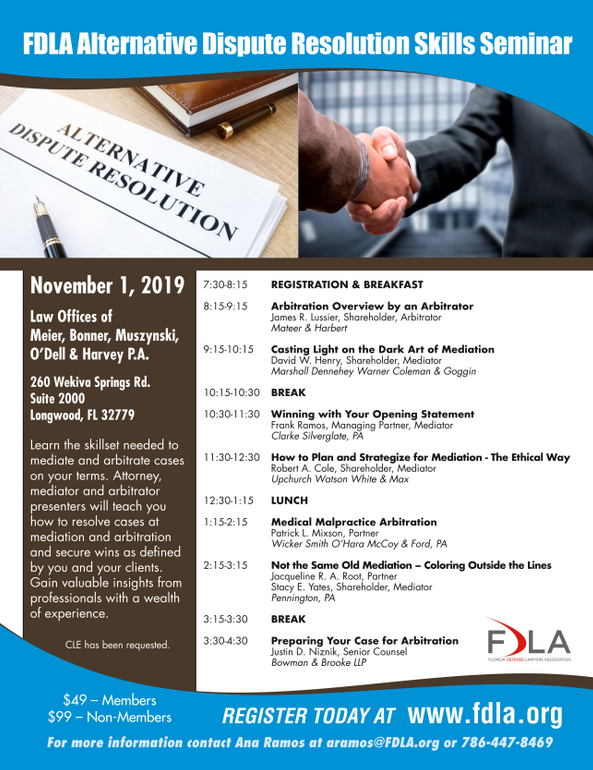 :: ADR SKILLS SEMINAR :: 

Earn 8.5 General CLE Credits + 1 Ethics Credit! 

Don't miss this opportunity! It's only 3 weeks away and counting!