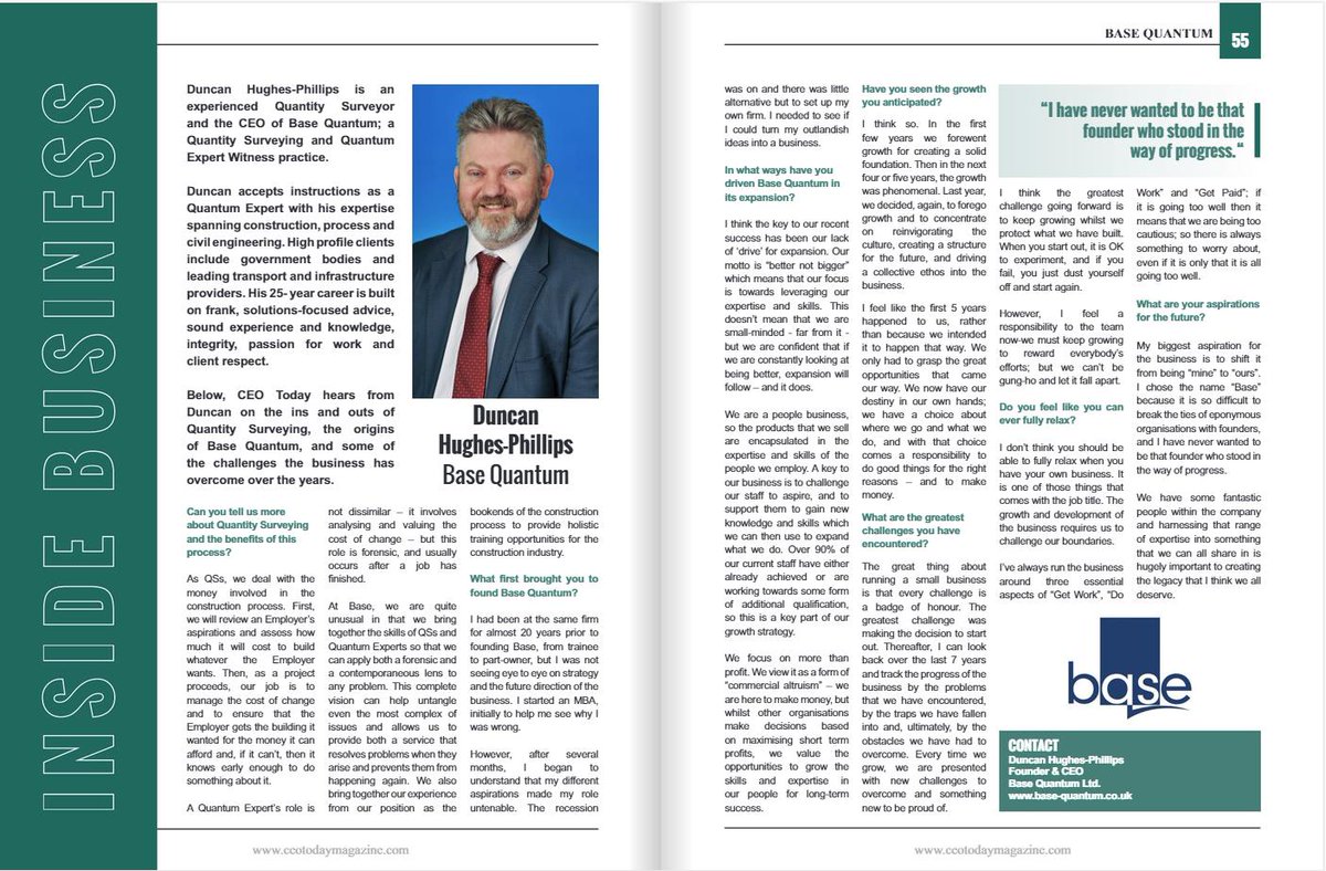 SOCOTECAdvisory's tweet photo. Find our CEO - Duncan Hughes-Phillips - in the below issue of CEO Today magazine.
Follow the link to read the full article.
#baseinprint #ceotoday #quantitysurveyor #quantumexpert #constructionuk #constructionnews
https://t.co/a9c1r1Z926 https://t.co/ITFouZ6jUk