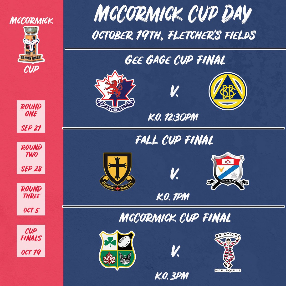 The McCormick Cup Day Schedule is set! Join us on October 19th at @FletchersFields for a fantastic day of rugby! We have THREE Cup Final matches, including the McCormick Cup Final between the @MarkhamIrishRC and the @BrantfordRugby!