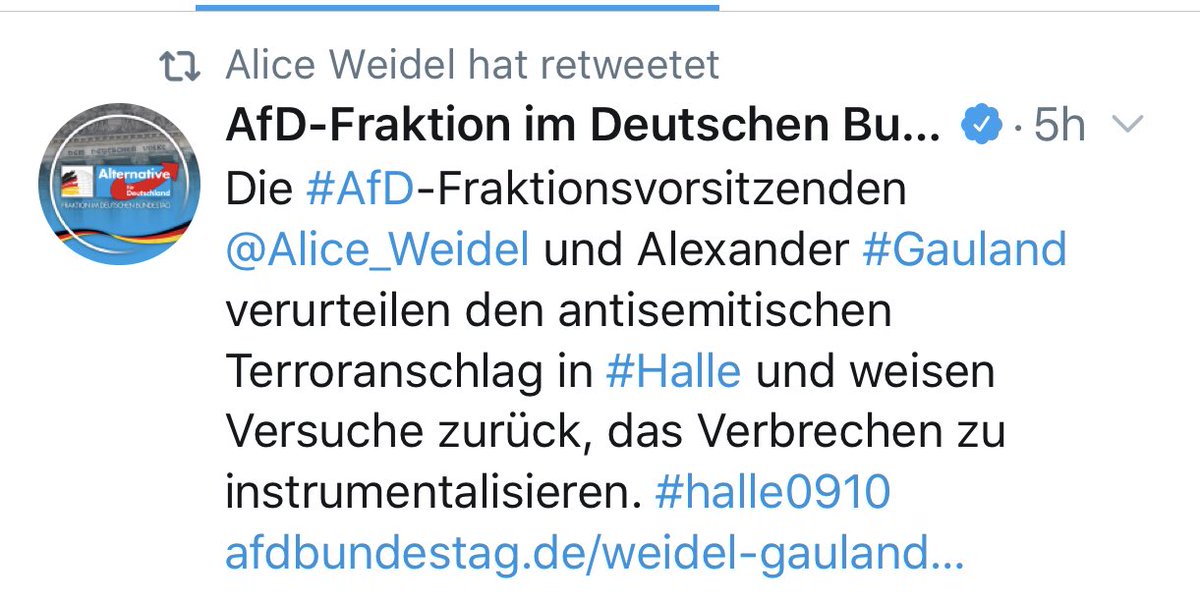 JankoTietz's tweet photo. Ah, Frau Weidel und Herr Gauland wollen nicht, dass der rechte  Terroranschlag instrumentalisiert wird. Dieselbe Weidel und derselbe Gauland, die eine Fraktion führen, deren Mitglieder nach einem islamistischen Anschlag verlässlich von „Merkels Toten“ schwadronieren. https://t.co/1Lg0uEd32m