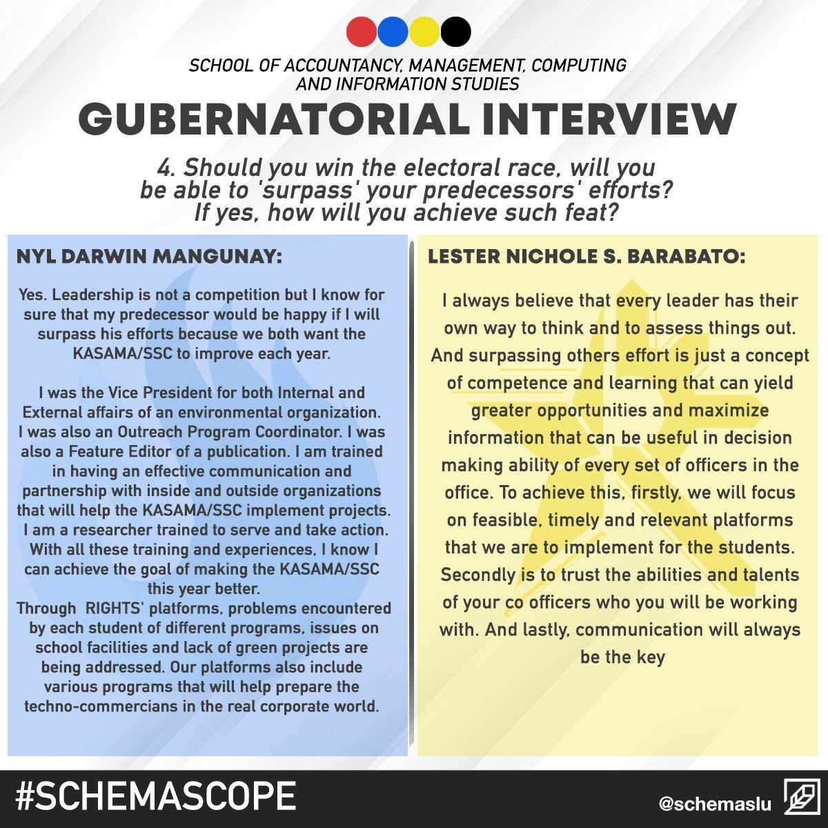 schemaslu's tweet photo. Get to know your Governors.
To guide you during the upcoming elections, here are some specific topics and answers of each party's governors. (1/2)
Layout by Hudson Kit
#KASAMASSCGovernors
#schemaSCOPE https://t.co/wUuQYOxPZA