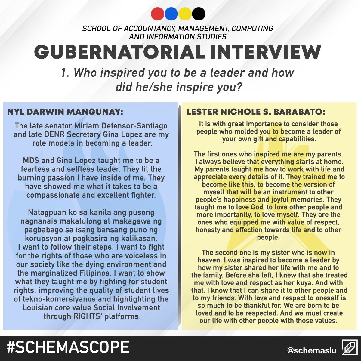 schemaslu's tweet photo. Get to know your Governors.
To guide you during the upcoming elections, here are some specific topics and answers of each party's governors. (1/2)
Layout by Hudson Kit
#KASAMASSCGovernors
#schemaSCOPE https://t.co/wUuQYOxPZA