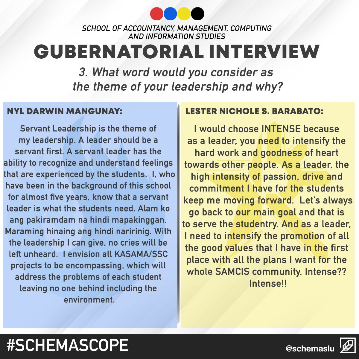 schemaslu's tweet photo. Get to know your Governors.
To guide you during the upcoming elections, here are some specific topics and answers of each party's governors. (1/2)
Layout by Hudson Kit
#KASAMASSCGovernors
#schemaSCOPE https://t.co/wUuQYOxPZA
