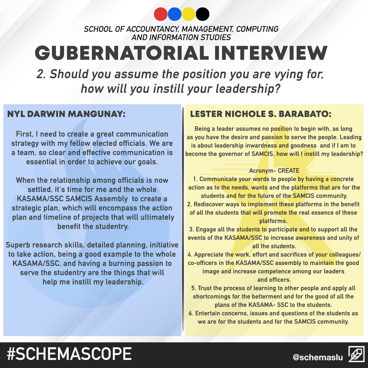 schemaslu's tweet photo. Get to know your Governors.
To guide you during the upcoming elections, here are some specific topics and answers of each party's governors. (1/2)
Layout by Hudson Kit
#KASAMASSCGovernors
#schemaSCOPE https://t.co/wUuQYOxPZA