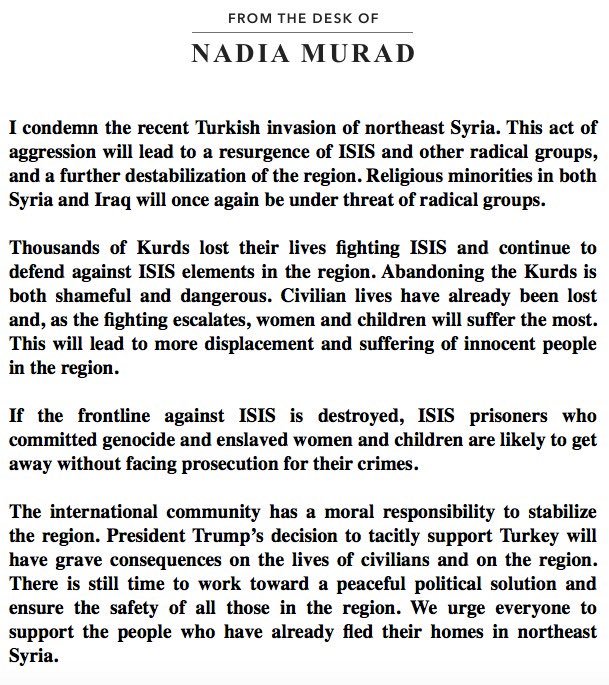 I strongly condemn the #Turkish invasion of northeast #Syria and urge an end to all acts of aggression. The lives of the innocent civilians in the region are once again under threat and #ISIS fighters in custody are likely to escape and nerve face justice.
