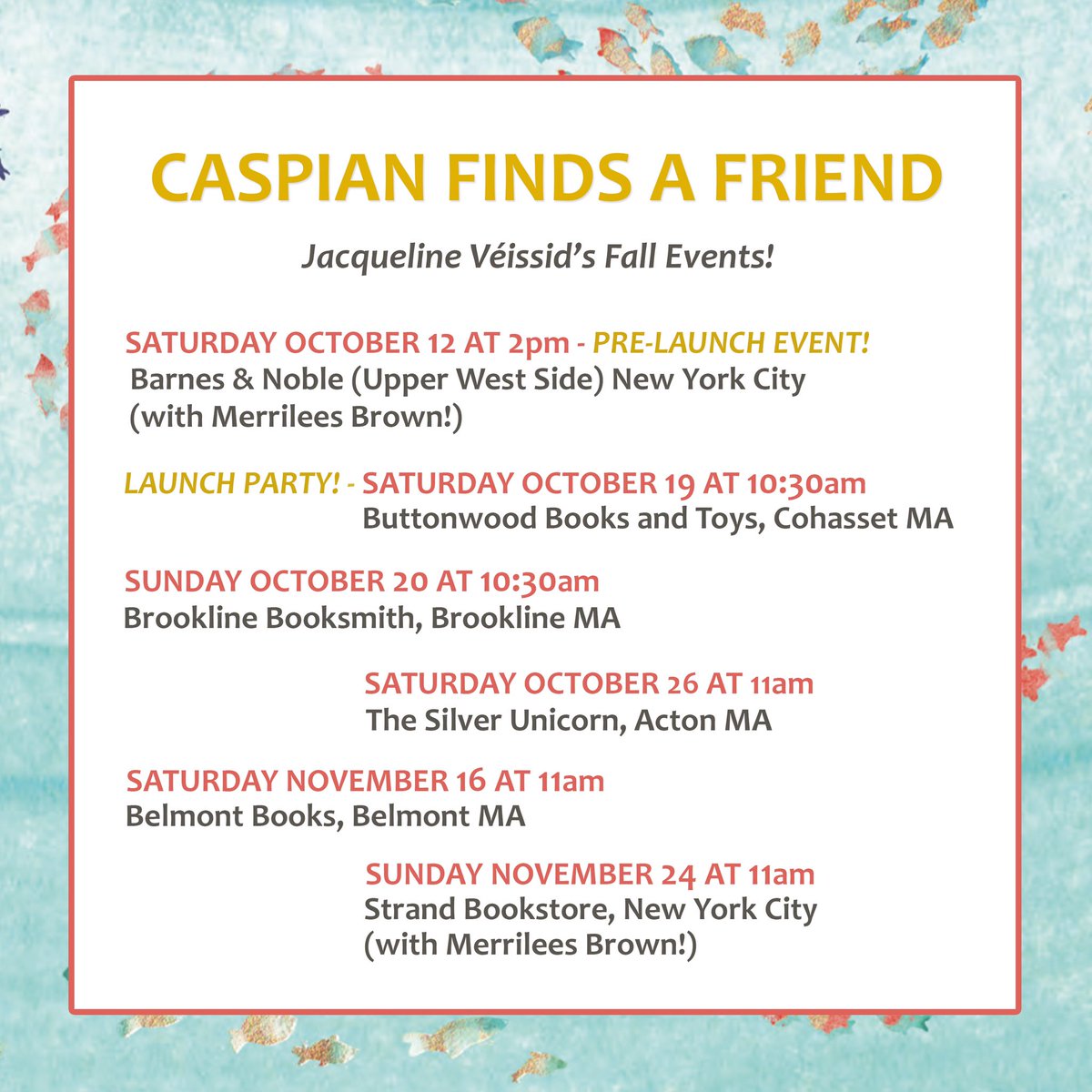 j_veissid's tweet photo. There are so many wonderful events celebrating the release of CASPIAN FINDS A FRIEND! Hope to see you at one! ๐๐๐
@ChronicleBooks @ChronicleKids @StimolaLiterary @MerrileesBrown
#caspianfindsafriend #childrensbooks #picturebook #newbook #kidlit #storytime https://t.co/3BQ2zNB2FB