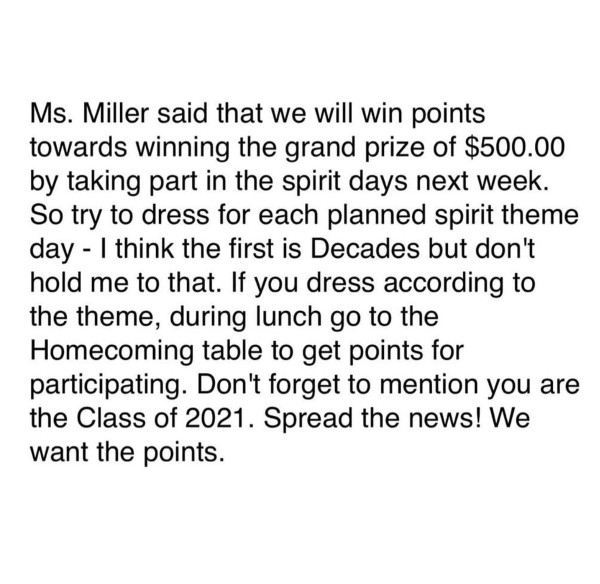 CLASS OF ‘21 LET’S RACK UP THOSE POINTS 🤩🤩🤩🤩🤩