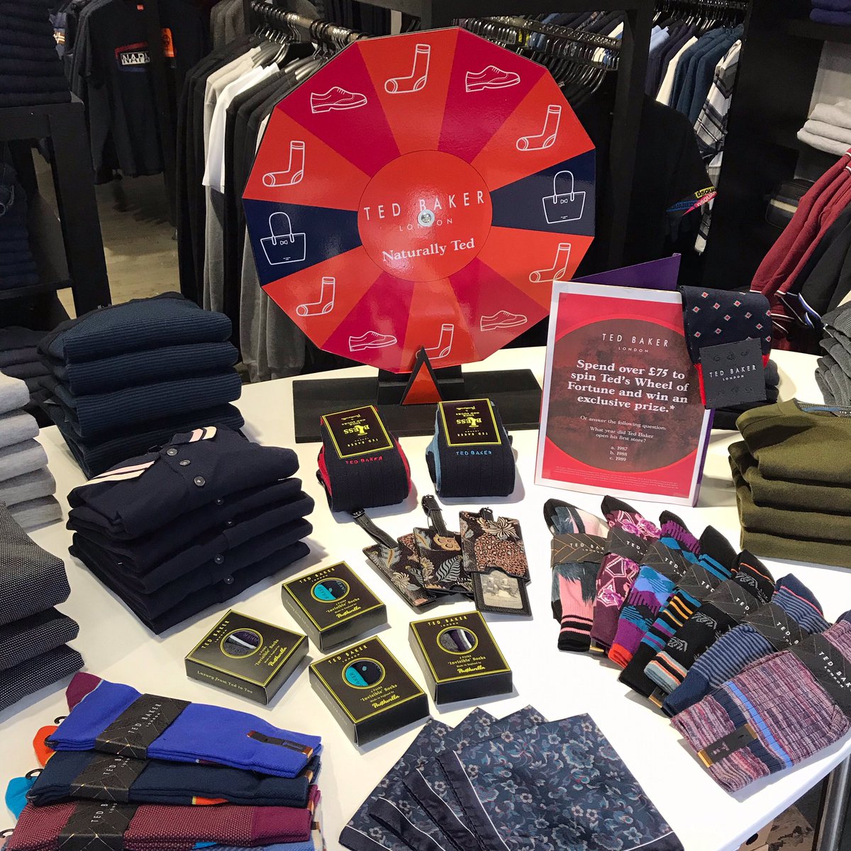 nigelclare's tweet photo. Ted’s AW19 Wheel Of Fortune!

Come in-store and spend £75 OR answer a question correctly for a free spin &amp; win a prize. https://t.co/ZT6uqCaM2v