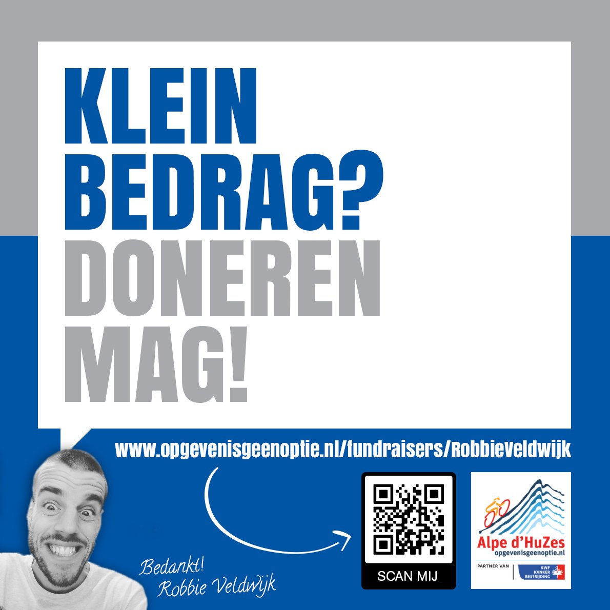 Samen tegen kanker! Door zes keer de Alpe d’Huez te beklimmen wil geld ophalen voor meer onderzoek naar kanker. In het motto van samen tegen kanker wil ik iedereen vragen €1,- te doneren en dit bericht te delen! Maak er zo ons doel van! opgevenisgeenoptie.nl/fundraiser/Rob… #samentegenkanker