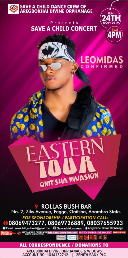 Saveachildconc's tweet photo. The Hitttttt is on,
SAVE A CHILD CONCERT
EASTERN TOUR
ONITSHA INVASION,
24TH OF NOVEMBER, 2019.
@ ROLLAS BUSH BAR,
COMING THROUGH,
SAVE A CHILD BEST
@LeoMidas4 https://t.co/yvLuik1XDj