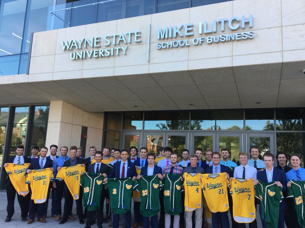 waynestbaseball's tweet photo. Our Green vs Gold Fall Series Draft took place yesterday at the exceptional Mike Ilitch School of Business. Game 1 this Friday (1:30pm) at Harwell Field; Open to Public #DistrictDetroit #OctoberBaseball https://t.co/VkEZJKTrwo