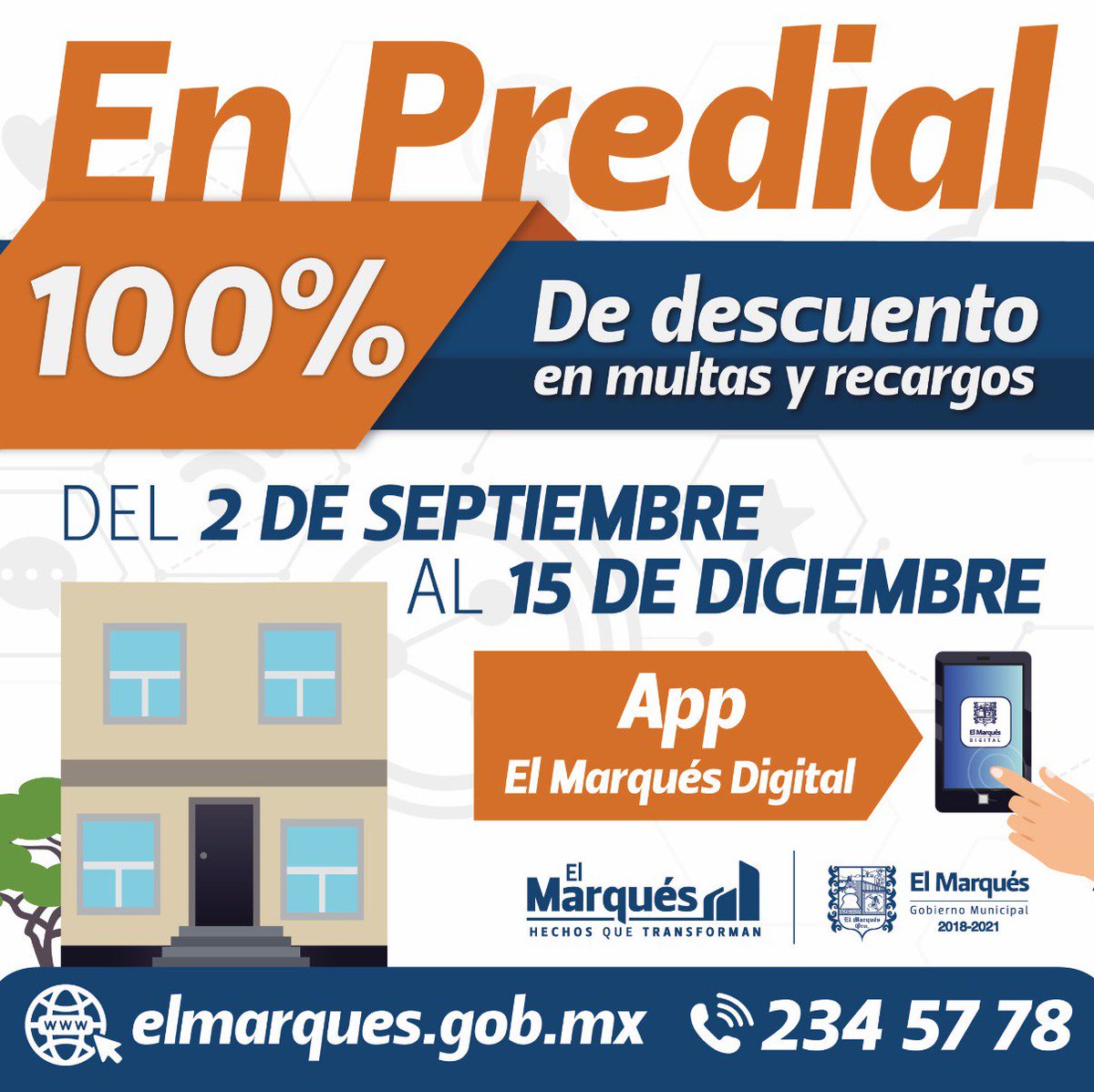 mpio_El_Marques's tweet photo. Acude a realizar tu pago del #Predial2019 en:
➡Las cajas de recaudación
➡La página del municipio en el ícono “Predial”
➡App El Marqués digital.
Informes al ☎️238.84.00, ext. 1558.
#HechosQueTransforman https://t.co/bFIYXUgF4O