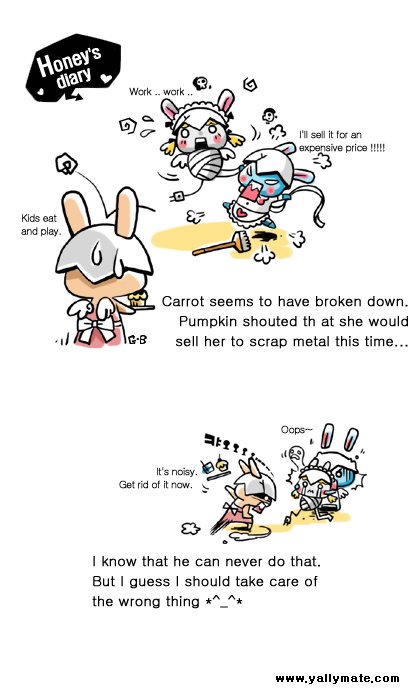 yallymate's tweet photo. Honey's Diary
Carrot seems to have broken down.
Pumpkin shouted that she would sell her to scrap metal this time...
I know that he can never do that.
But I guess I should take care of the wrong thing *^_^*
#yallymate #yally #mate #altokki #love #friend #forever #peace https://t.co/3qa34of9lo