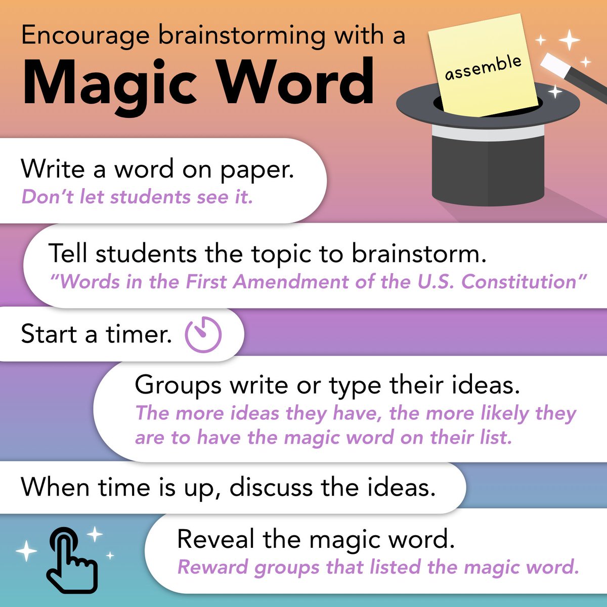 ✨ Encourage active brainstorming by playing Magic Word.
 
🔥Tip: Have groups record their ideas into a Google Form and submit when time is up. You can make a copy of my Magic Word template: tonyv.me/magicword. The form has a passcode so groups don't start early.