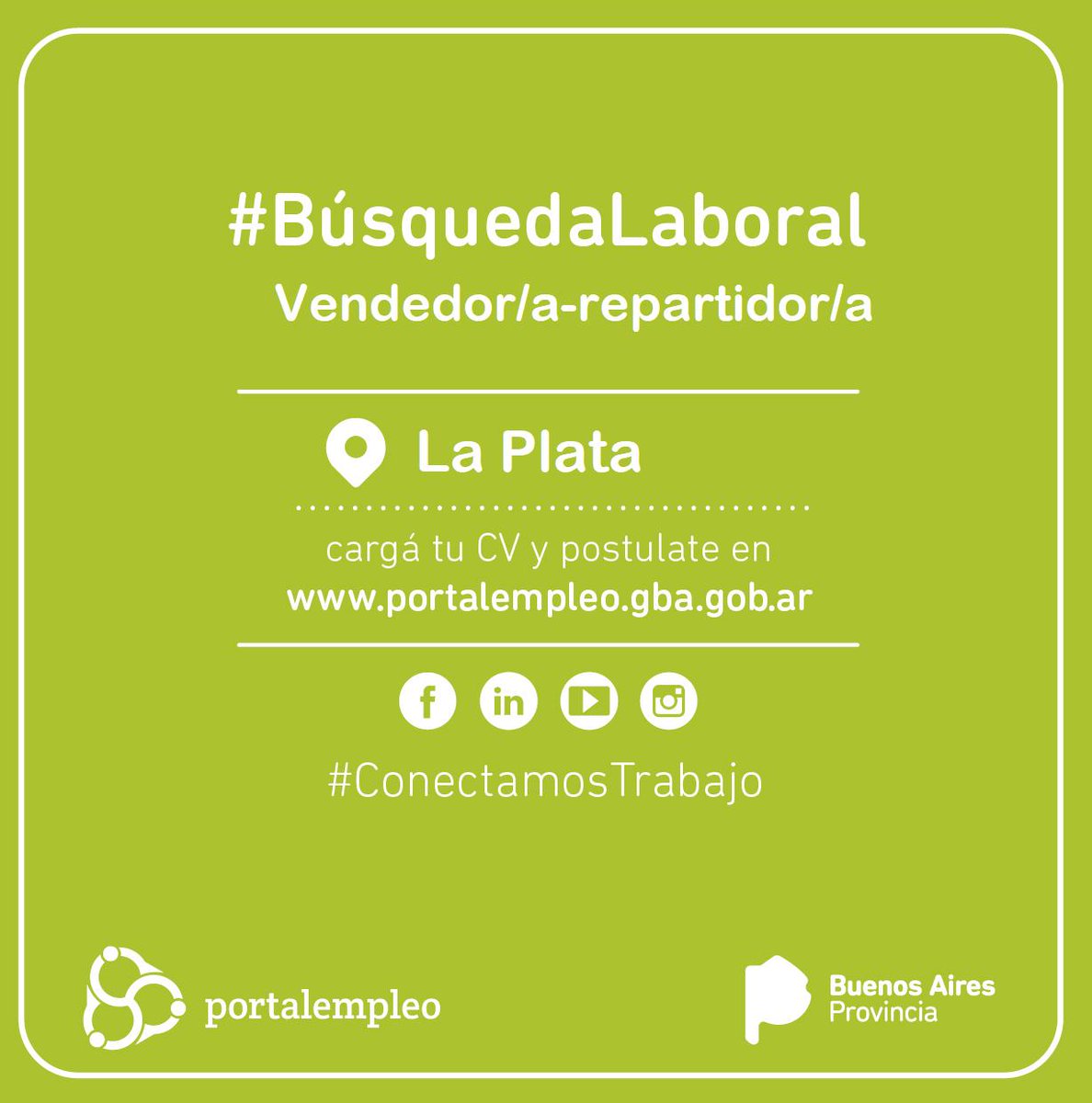 🔎 Empresa de consumo masivo busca vendedor/a repartidor/a (con Cédula Nacional Registro de Transporte) en 📍 #LaPlata.

Mirá los requisitos y postulate aquí ➡️ bit.ly/35r22QS

#ConectamosTrabajo