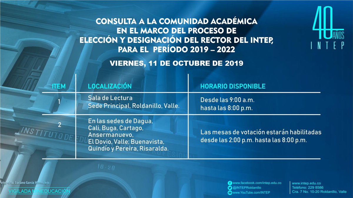 Secretaría General del <a href="/INTEPRoldanillo/">INTEP Roldanillo</a> ​, invita a los #DocentesINTEP, #EgresadosINTEP,  #EstudiantesINTEP y  #FuncionariosAdministrativosINTEP, a participar este viernes 11 de octubre.

bit.ly/2IFXI6e