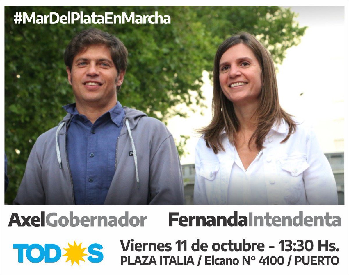 Axel y Verónica están #llegando a #MarDelPlata  

📍Viernes 11/10
📍13:30 hs 
📍Plaza Italia 
#AxelGobernador #ArgentinaDePie #MarDelPlataEnMarcha
