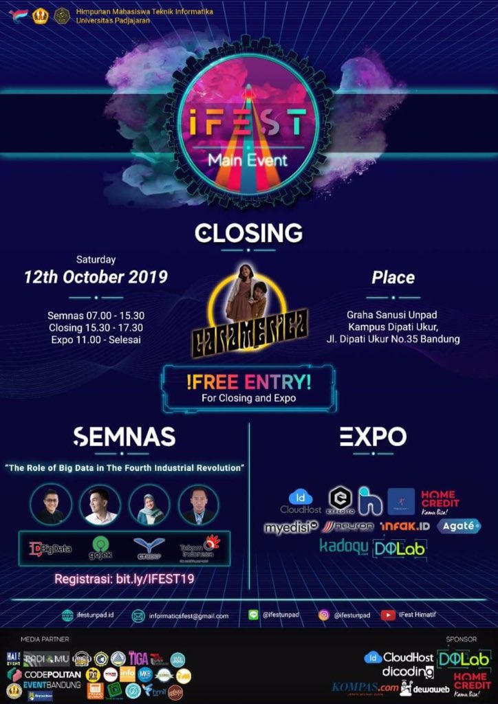 🛸[MAIN EVENT IFEST 2019]🛸
.
Akhirnya yang ditunggu-tunggu telah tiba.
Yuk datang dan ajak teman teman mu untuk hadir di Main Event IFest 2019!

Seminar nasional 07.00 - 15.30
Closing 15.30 - 17.30
Expo 11.00 - Selesai

Mark your calendar🖍

Innovate to Elevate!
#IFest2019