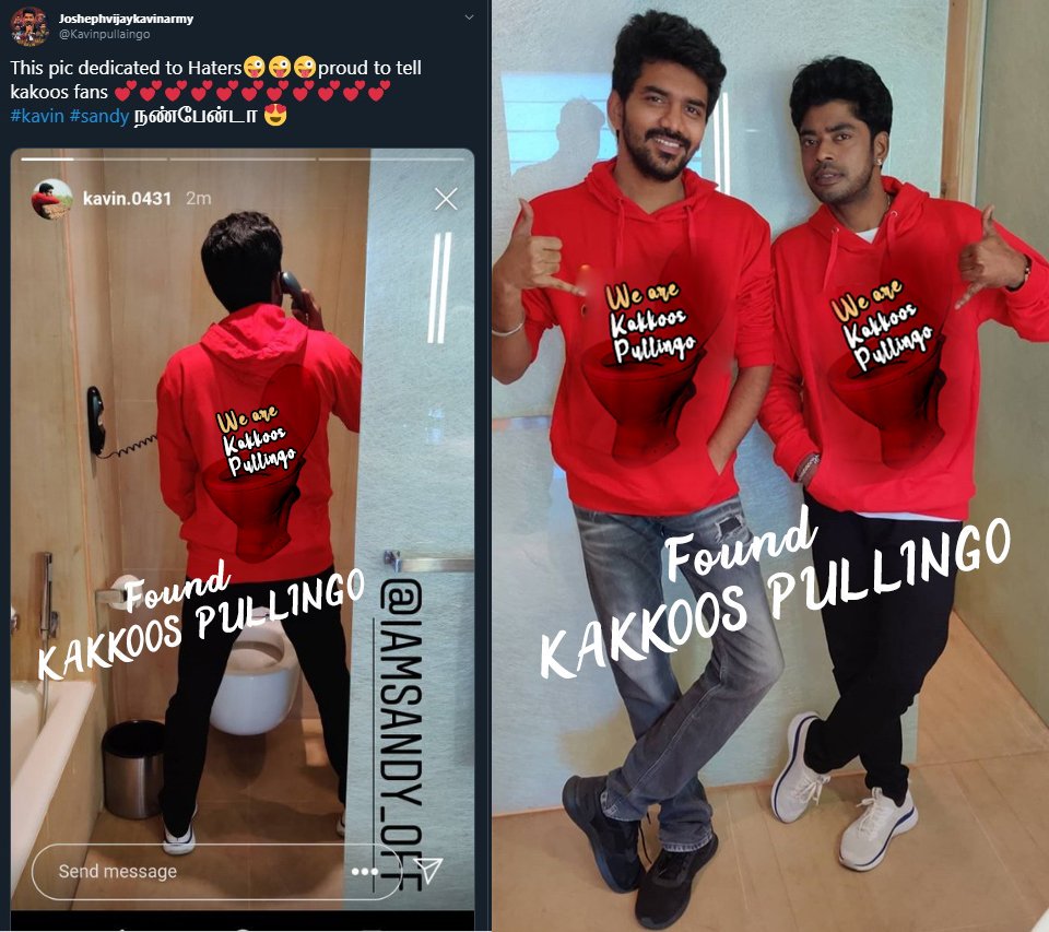 IamDevilsDaddy's tweet photo. #BiggBossTamil3
Vera Level Kakkoos Pullingo #Kavin #Sandy
We are The Kakkoos Pullingo Hooo Hooo ooooooo
Enjoy Haters 
#BiggBossTamil https://t.co/xnHpsSdoo9