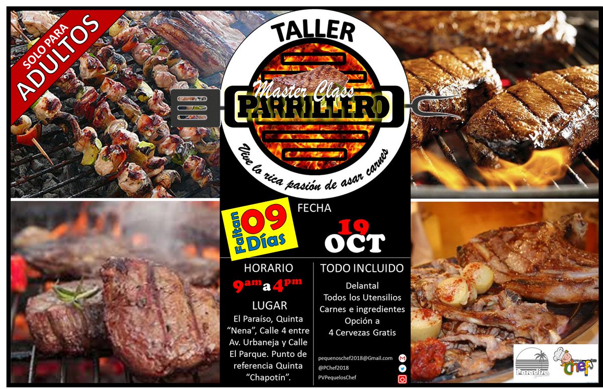 PChef2018's tweet image. EN CUENTA REGRESIVA. Pocos Cupos para vivir la extraordinaria experiencia de asar carnes. Sábado 19/10. Taller: Master Class &quot;PARRILLERO&quot;. Inscríbete ya !! @UrbElParaiso @ParaisoActivo @PqElParaisoCcs @UrbMontalban @Resis_Montalban @terrazasdlvega