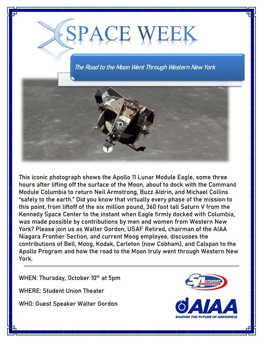 ubseds's tweet photo. Tonight at 5 PM in the SU Theater, come listen to Walter Gordon speak about how the road to the moon truly went through western New York! 🚀👨‍🚀🌚🇺🇸 #spaceweek #apollo11 #moon #buffalo https://t.co/rbp5rxy8jG