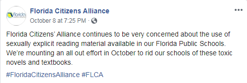 The Florida Citizens' Alliance is vowing an October fight against "toxic" books. <a href="/OIF/">ALA OIF</a> <a href="/ncacensorship/">National Coalition Against Censorship</a> <a href="/CBLDF/">Comic Book Legal Defense Fund</a> <a href="/ncte/">National Council of Teachers of English (NCTE)</a> <a href="/TweetFLAlibrary/">Florida Library Assn</a>