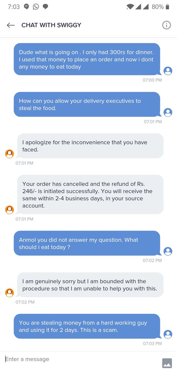 iamabhimanyu_'s tweet photo. @SwiggyCares @swiggy_in 
You guys took the last money i had now i have no money to eat and you will refund my money after 2-4 days. Your delivery executive stole my food
#swiggythief #swiggy #hungry #Iwantmyshawarma https://t.co/nuyJtzqtOF