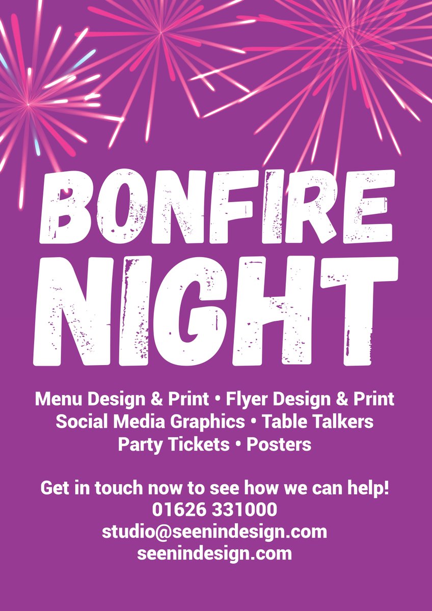 It isn't long to go until Bonfire Night! 🔥

Are you hosting a Bonfire Night event? Get all of your bits sorted now!

📞 01626 331000
✉️ studio@seenindesign.com
🖥 seenindesign.com

#graphicdesign #newtonabbot #bonfirenight