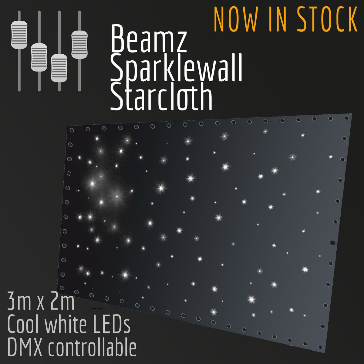 The perfect backdrop for DJs, parties, theatre and awards evenings, these new Beamz Sparklewall 3m x 2m starcloths are fully DMX controllable.  Couple this with our lightbridge lighting stand, or a full truss frame.