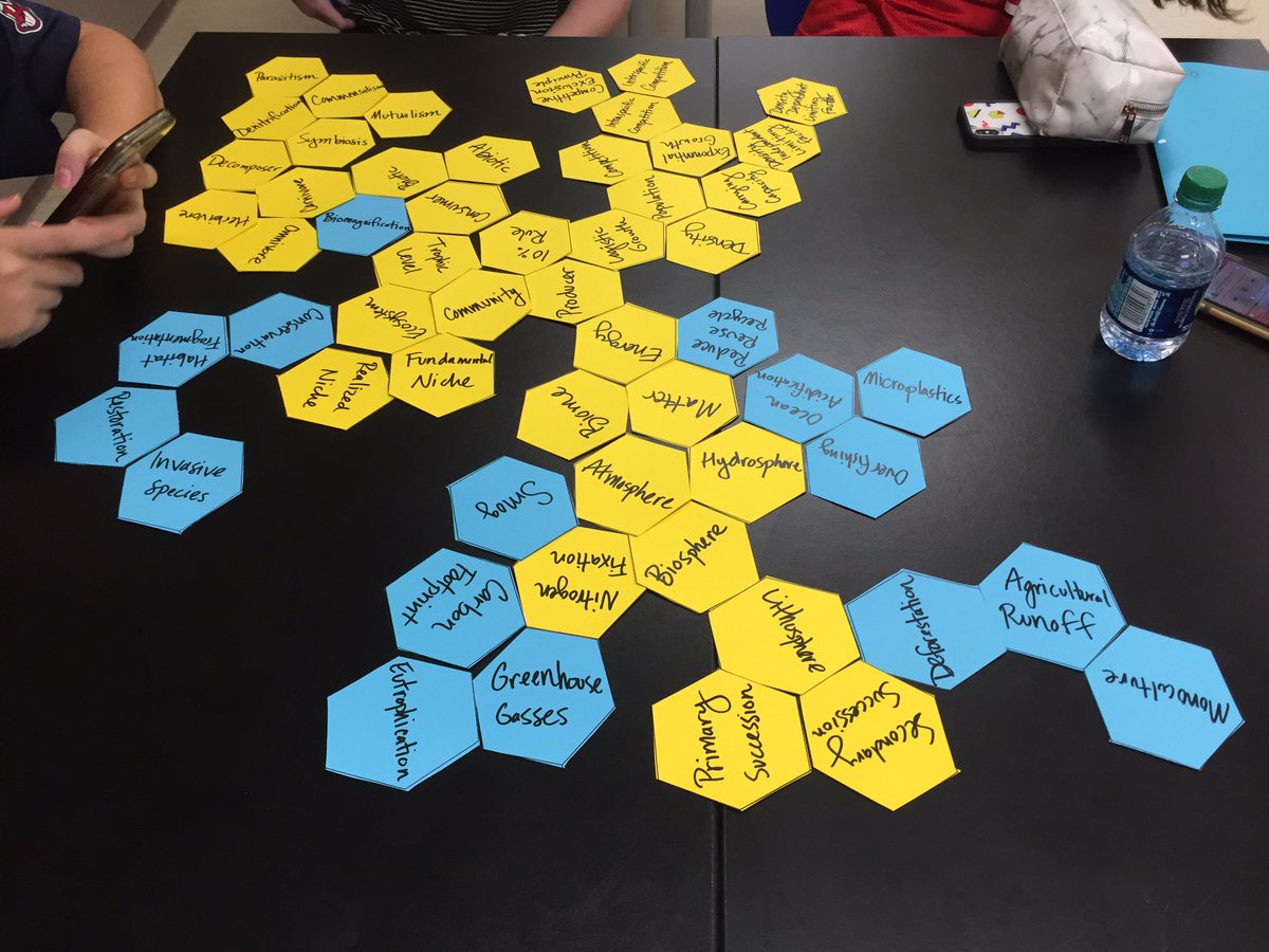 mr_sidol's tweet photo. @VinceDT gave this a shot today... make the “mind map” with known ecology words in yellow then see how new words about human impact disrupt or add on to connections. #OBHSscience @sarahnethero https://t.co/EiJDEVBYms