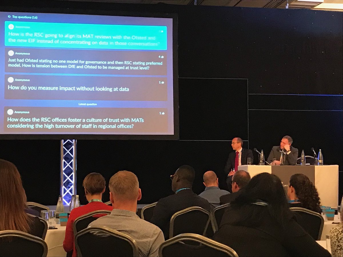 sadoldbag's tweet image. Ofsted and RSC battling it out ⁦@OptimusEd⁩ #Matsummit over the issue of why RSCs still hold MATs to account for data when Ofsted don’t focus on it anymore....